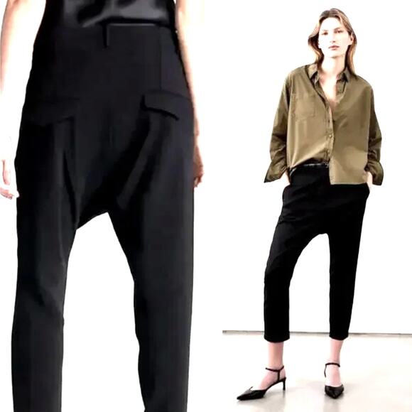 Nili Lotan 4 Drop Crotch $495 Paris Pants Slouchy Trousers Acetate Cropped Black